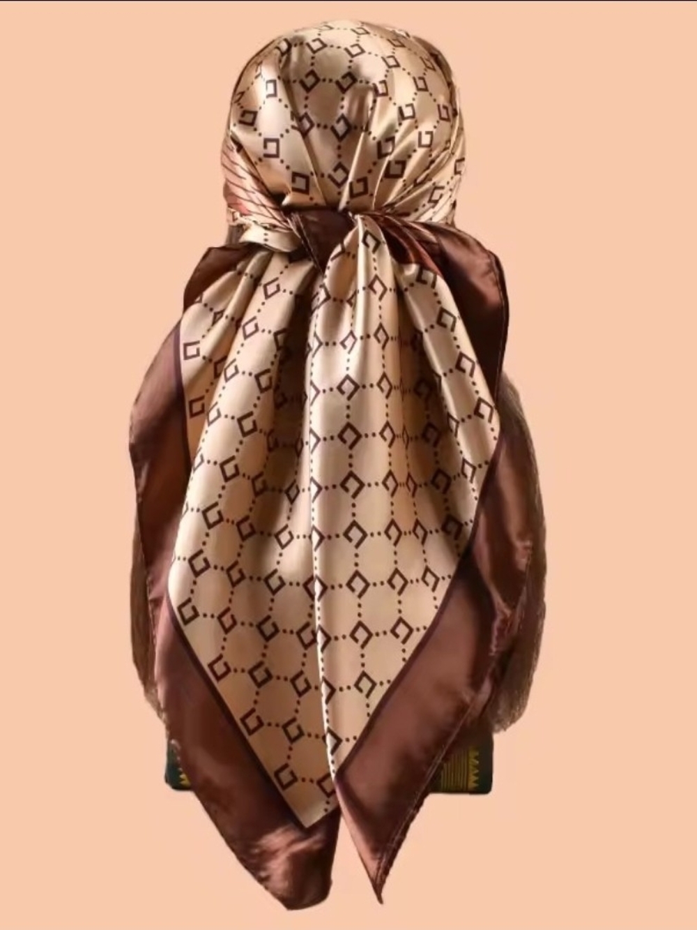 Silk-Feel Cream & Brown Geometric Pattern Head Scarf